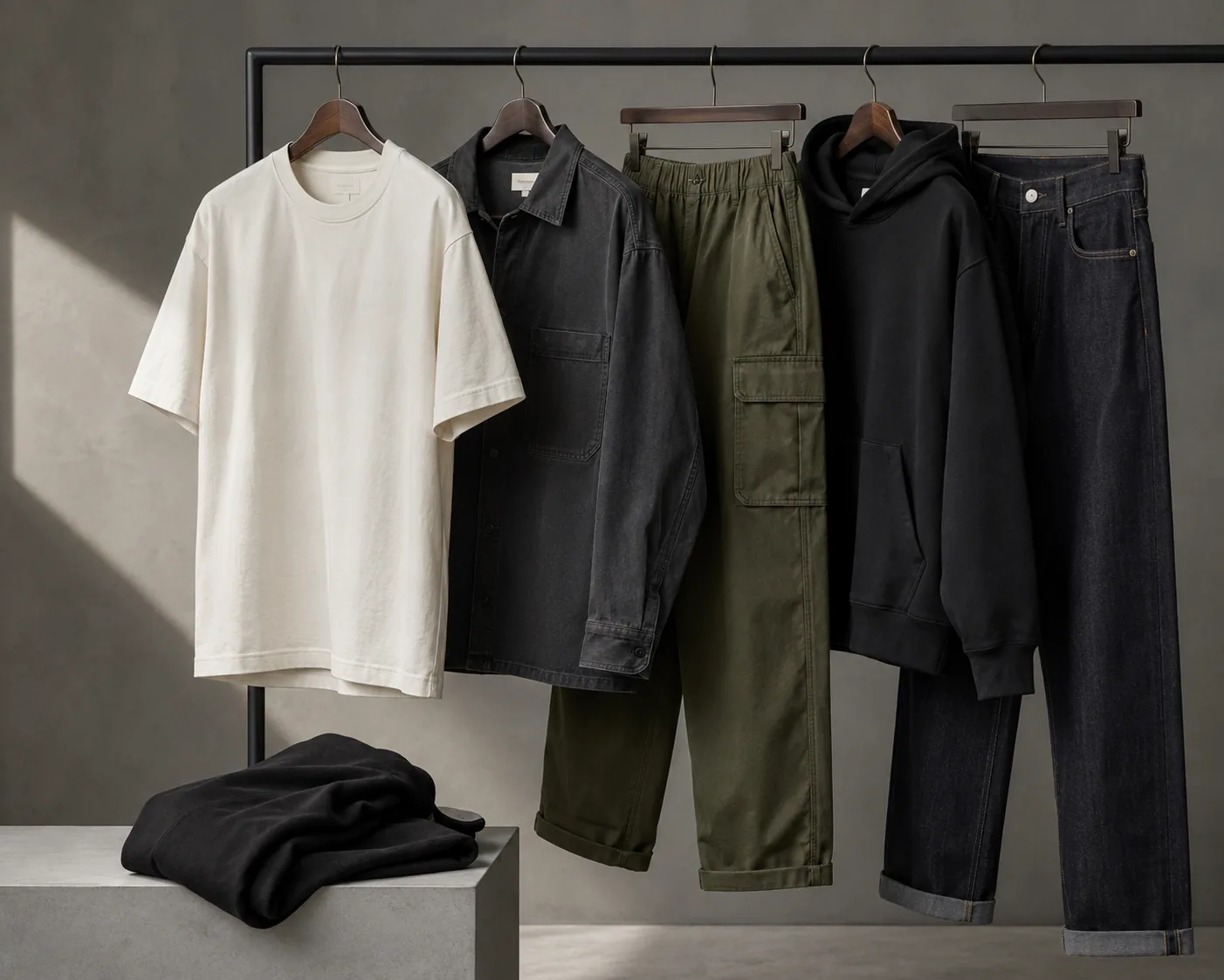 menswear capsule rack with an ivory tee, dark overshirt, olive cargos, hoodie and jeans