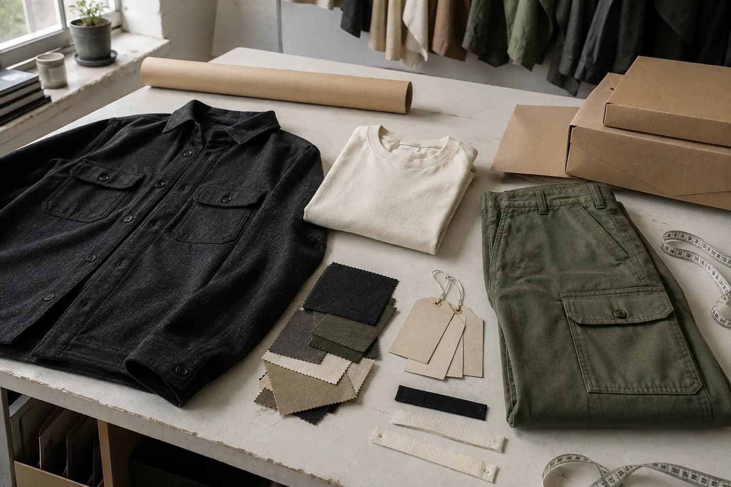first-drop sample desk with an overshirt, tee, cargo trousers and blank packaging