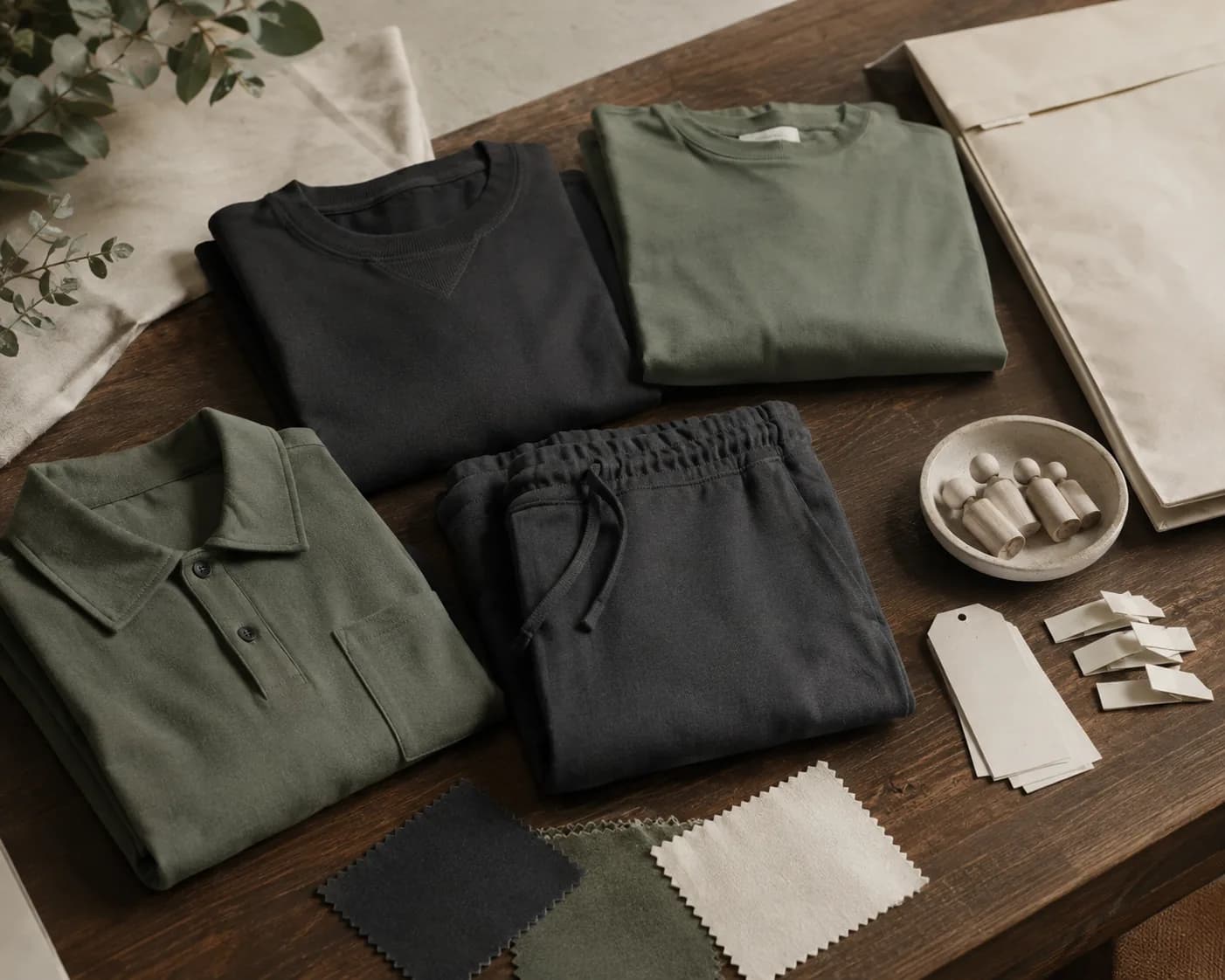 small menswear capsule with folded tees, an overshirt, trousers and fabric swatches