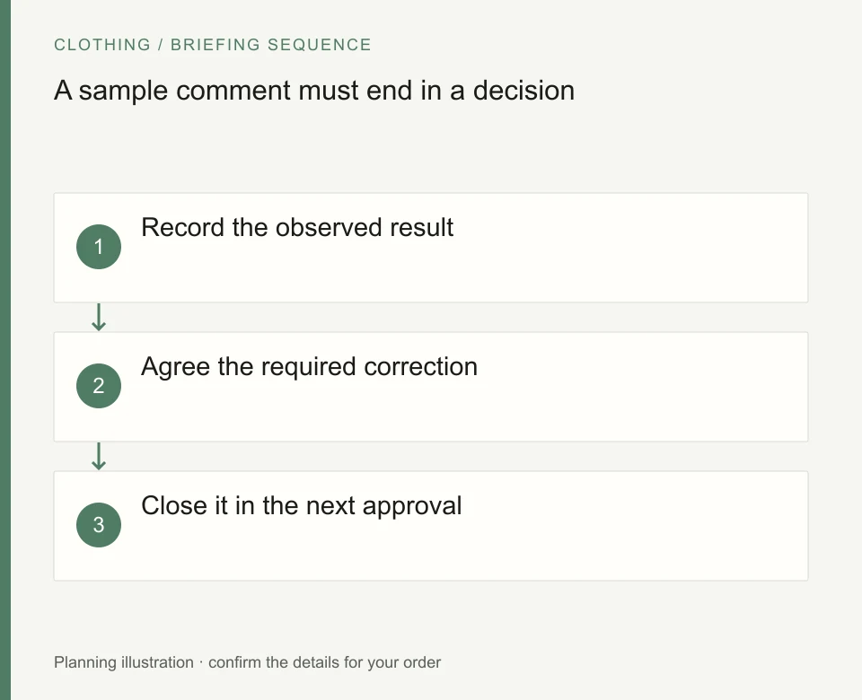 A sample comment must end in a decision: Record the observed result; Agree the required correction; Close it in the next approval
