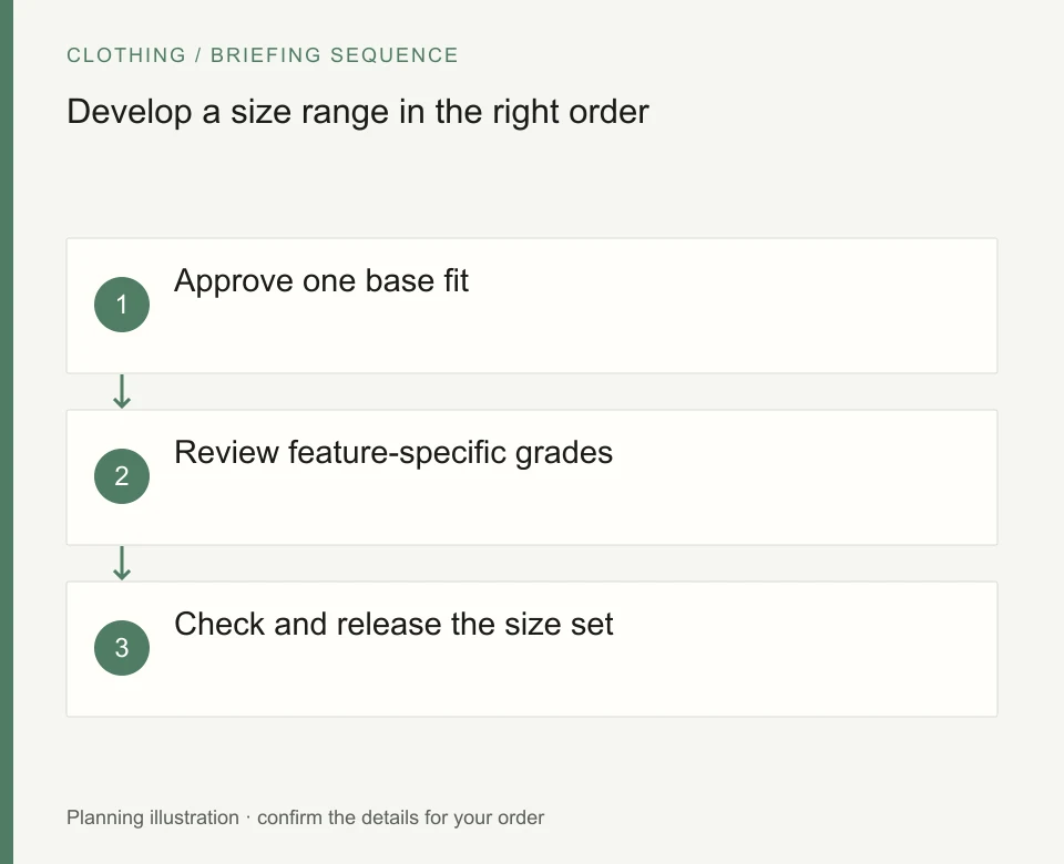 Develop a size range in the right order: Approve one base fit; Review feature-specific grades; Check and release the size set