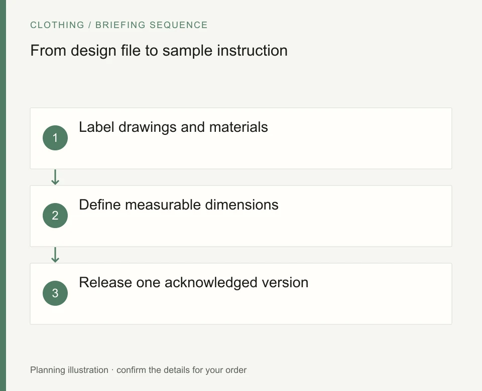 From design file to sample instruction: Label drawings and materials; Define measurable dimensions; Release one acknowledged version