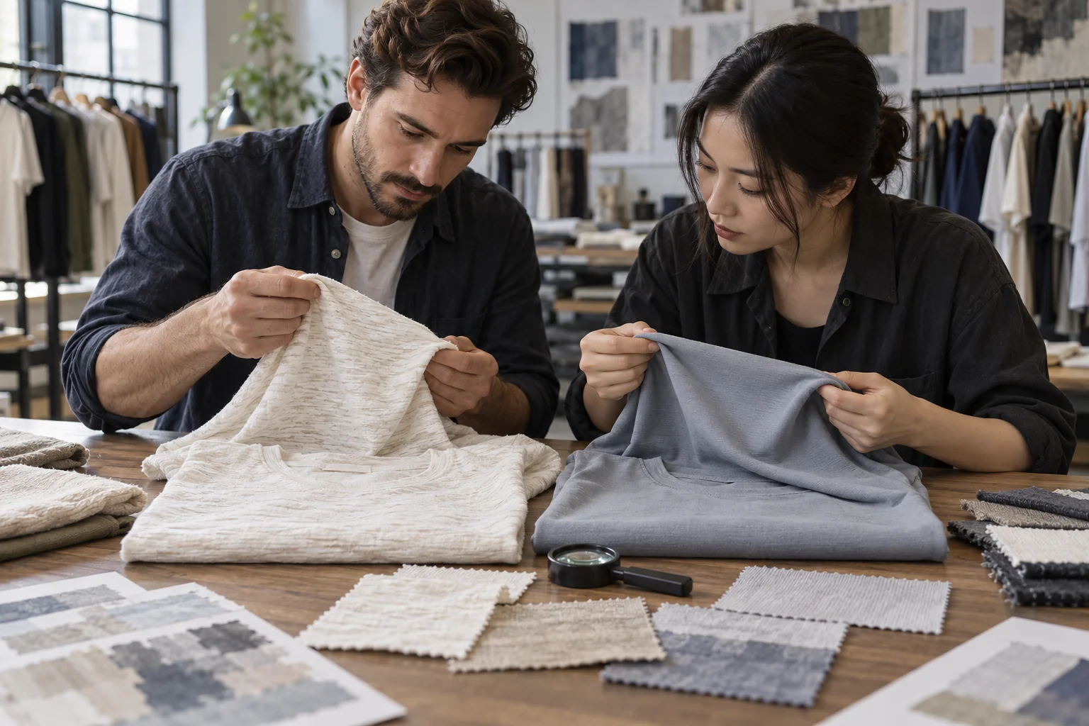 Plan a Side-by-Side Jersey Review: Lay out slub and plain jersey samples; Highlight texture and print surfaces; Frame the buyer and technician review