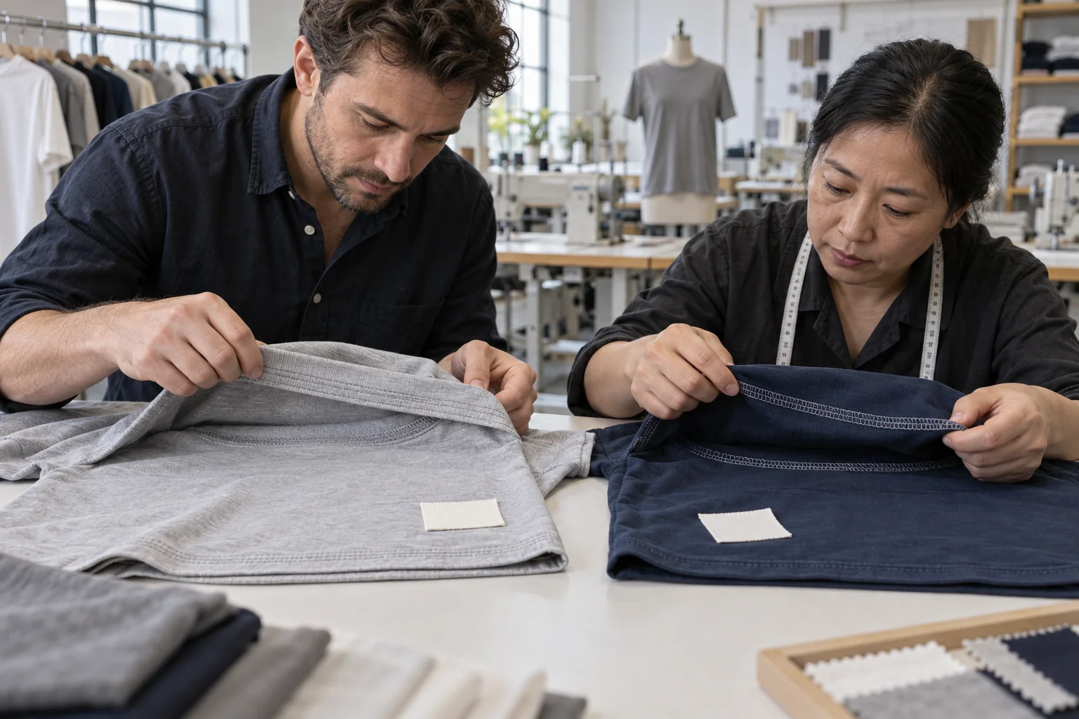 Plan a Knit Hem Construction Review: Display both hem constructions inside out; Compare stretch, bulk, and wash recovery; Confirm clearance below decoration