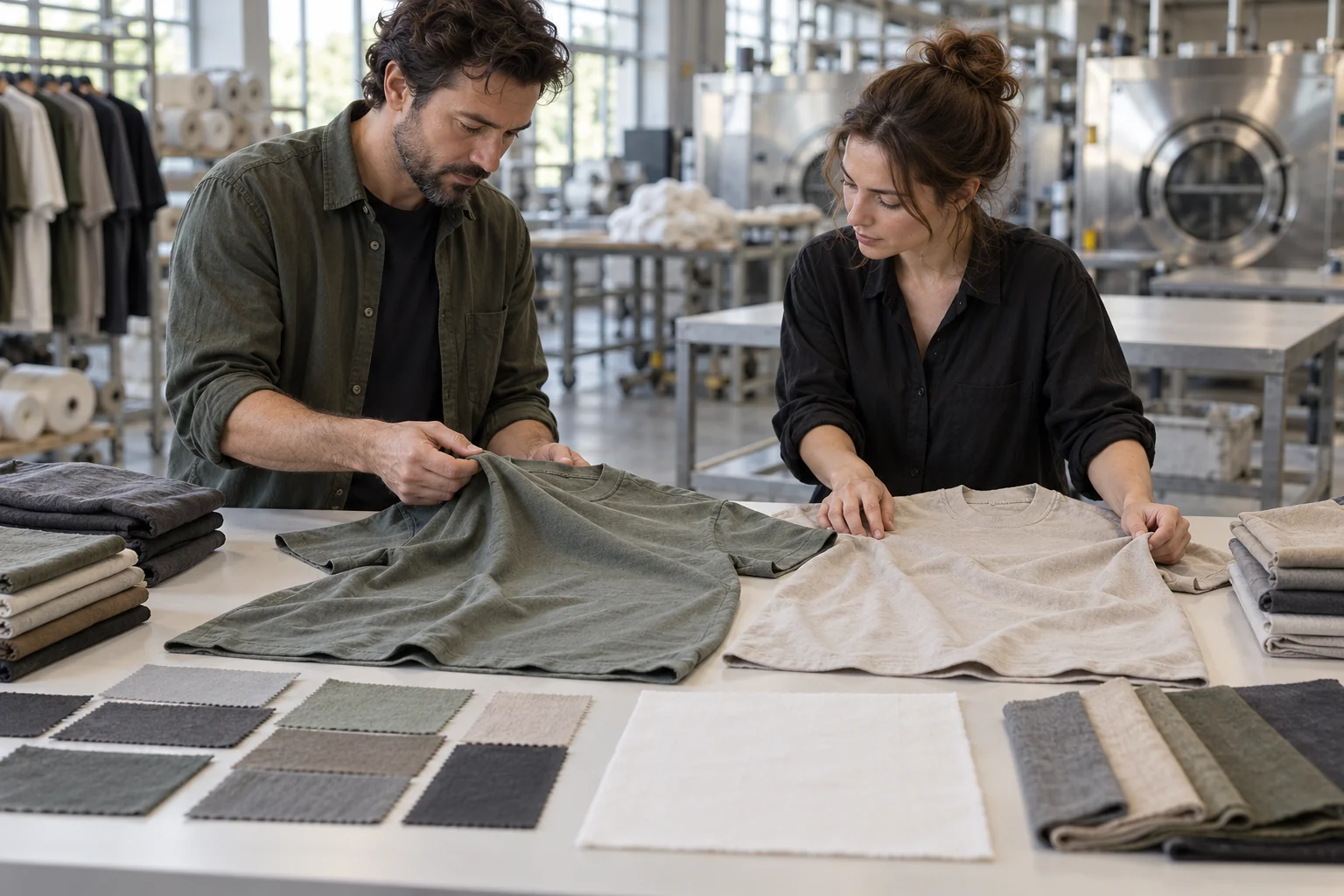 Plan a Tee Finish Comparison: Place both finished tees together; Add matching prewash fabric swatches; Show handfeel and shade inspection