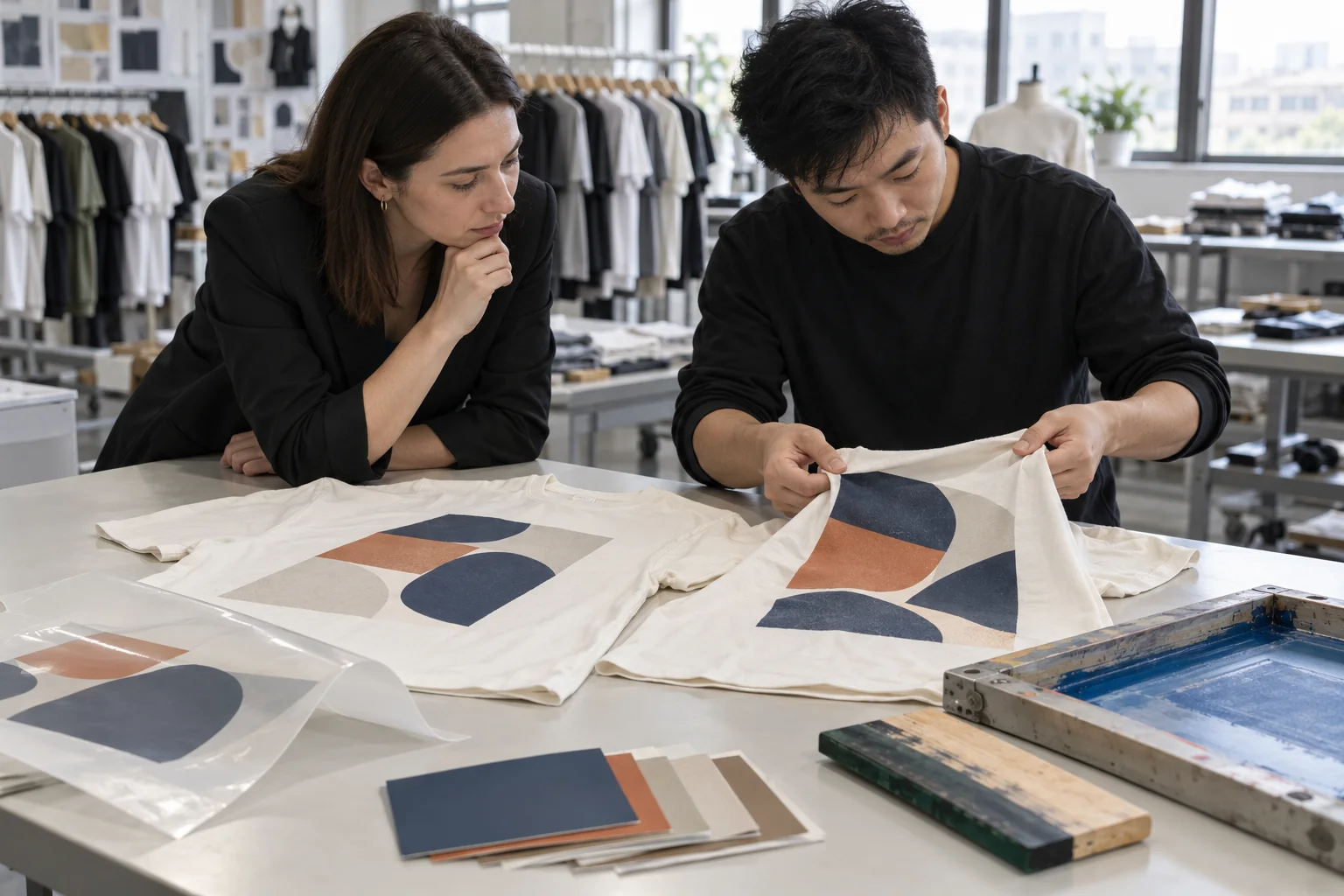 Plan a Tee Print Method Review: Use matching artwork on both print methods; Compare detail, color, and handfeel; Stretch and inspect each printed surface