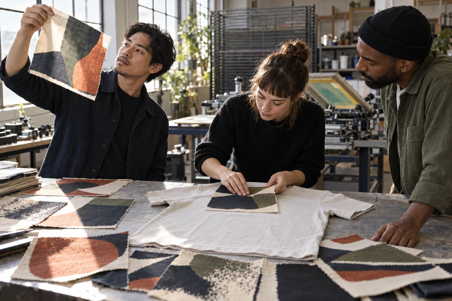 Plan a Print Strike-Off Approval Table: Arrange strike-offs beside the garment; Show registration and handfeel checks; Use window light to reveal ink coverage