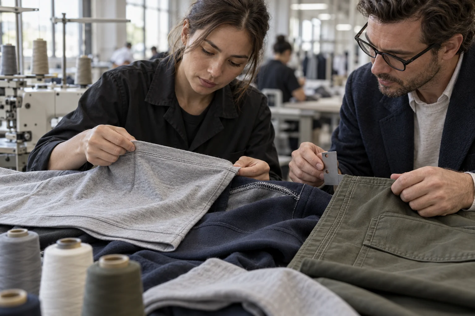 Plan a Coverstitch and Topstitch Review: Display several stitched garment edges; Reveal top and underside construction; Show stretch and tension inspection