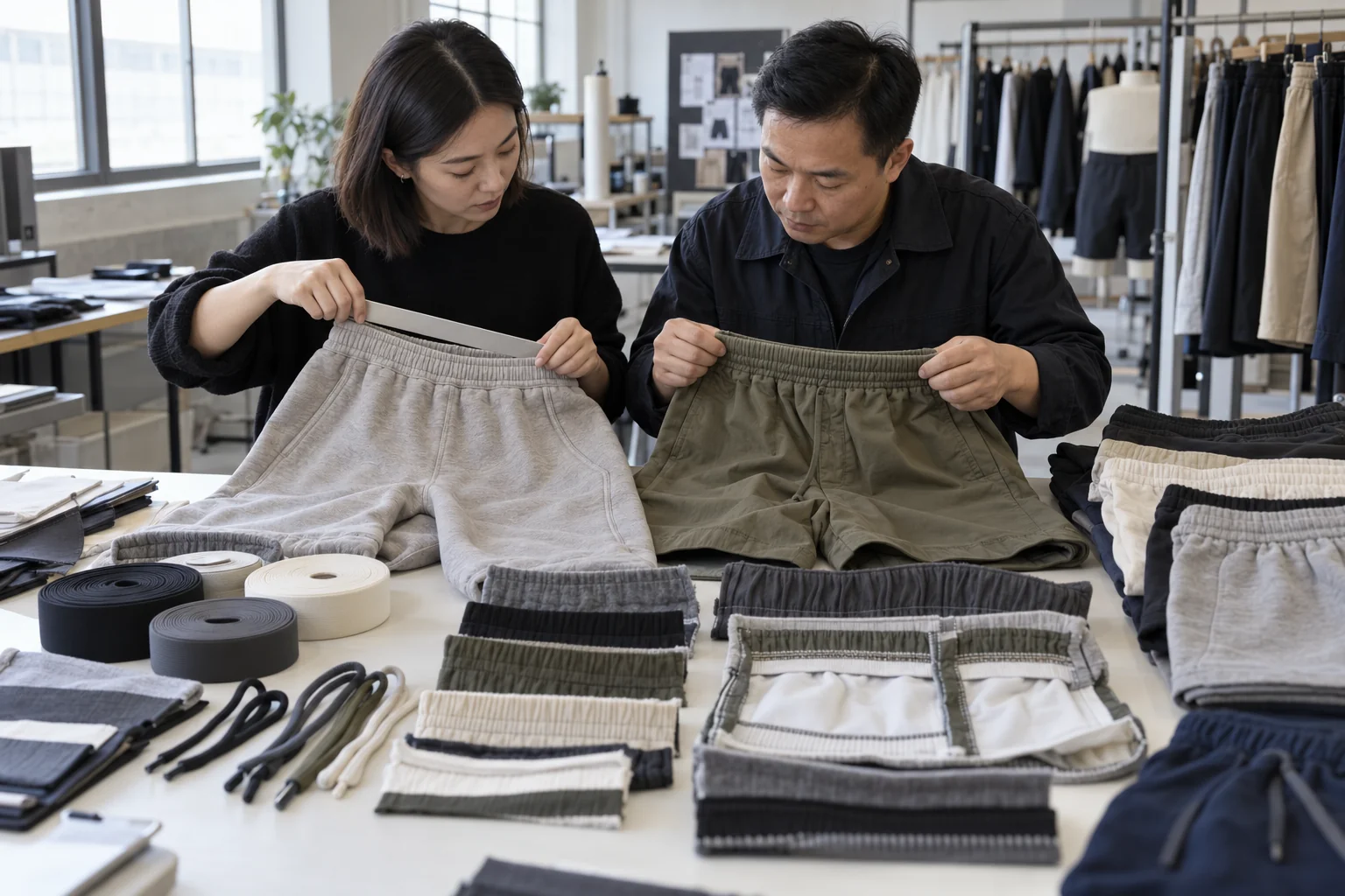 Plan an Elastic Waistband Sample Review: Lay out waistband and drawcord options; Check channel width and stretch recovery; Compare construction across garment sizes