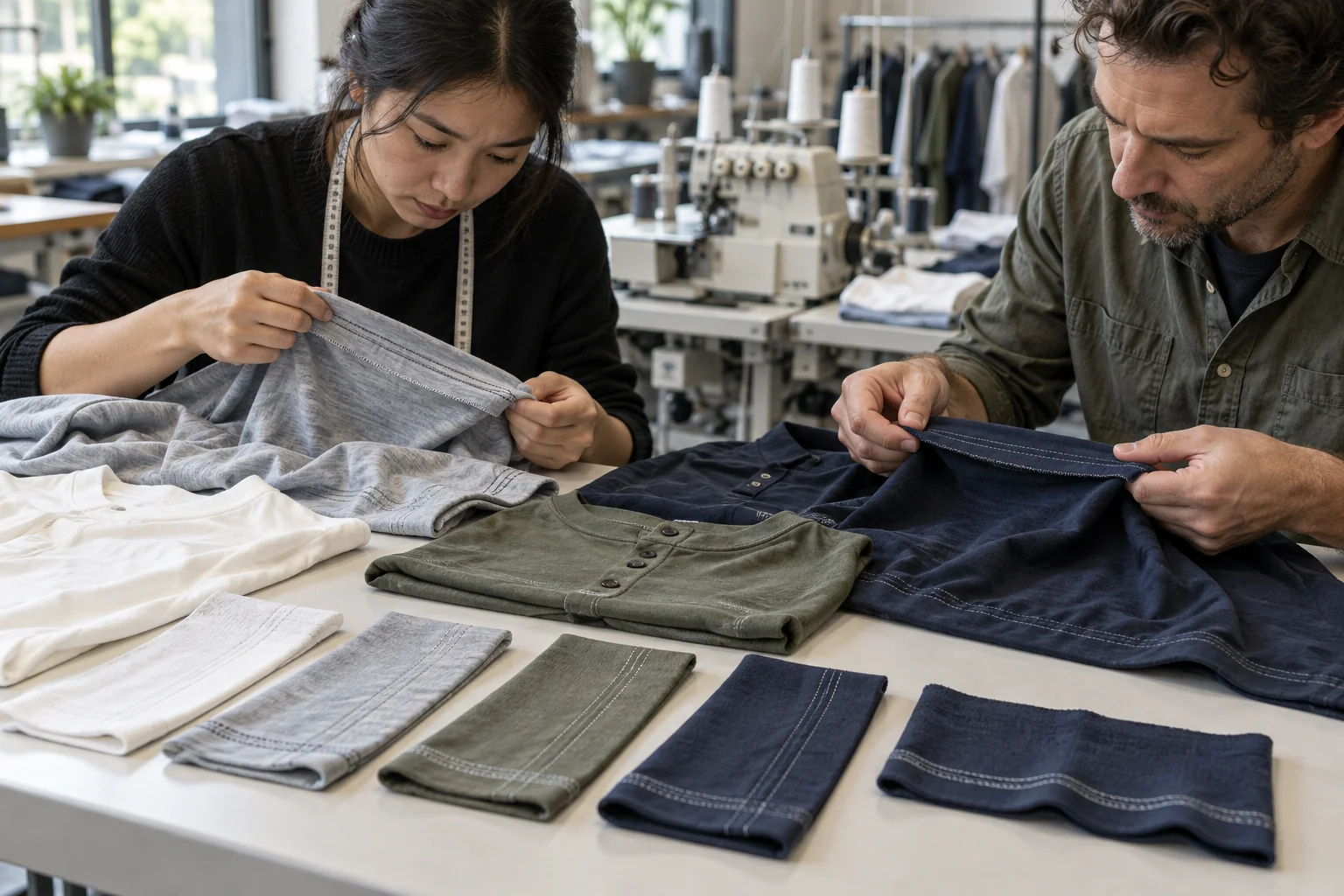 Plan a Hem Coverstitch Quality Review: Prepare hems with varied stitch setups; Check fold depth, tension, and waviness; Compare matching and contrast threads