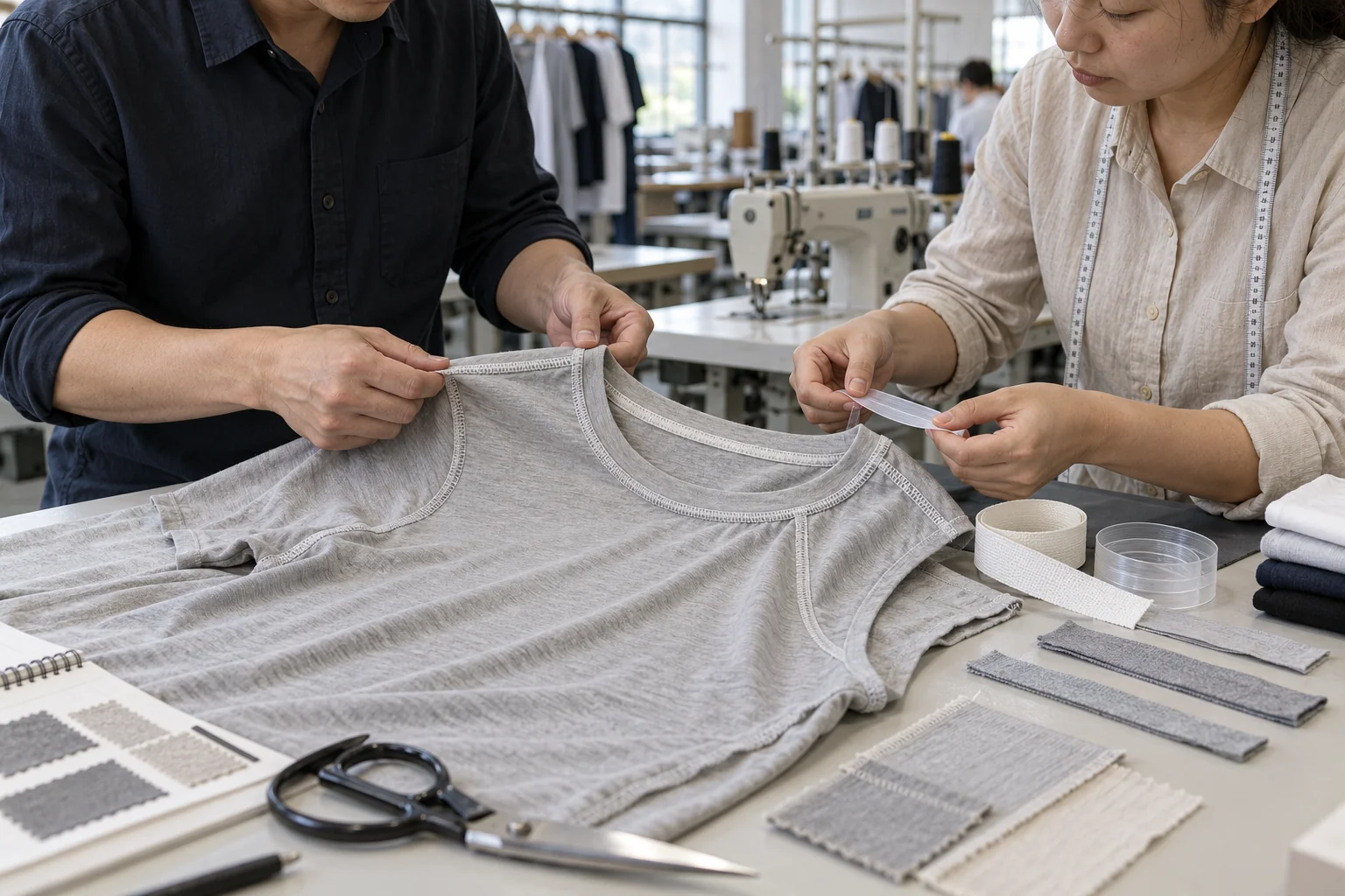 Plan a Shoulder Tape Briefing Table: Lay out tape materials with the sample; Check placement and stretch compatibility; Review seam recovery after washing