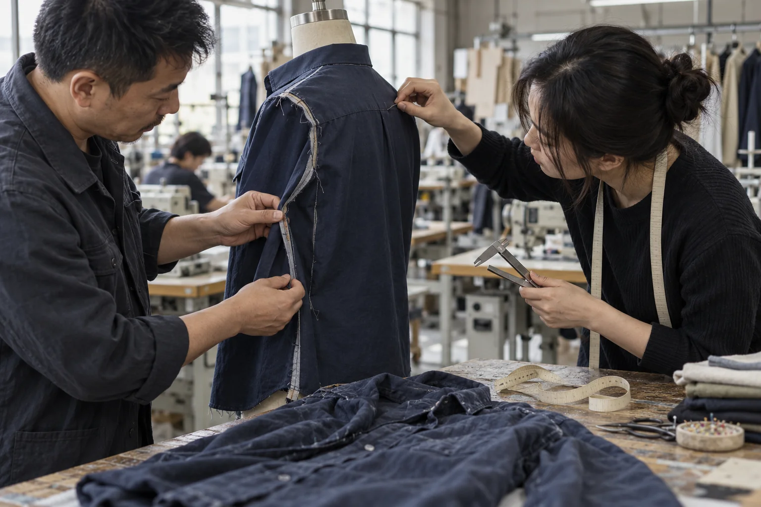 Plan a Side Seam and Shoulder Review: Expose seam allowances and reinforcement; Compare washed and unwashed samples; Frame hands checking alignment and torque