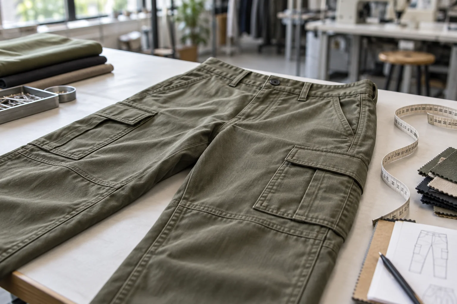 Connect the cargo pants brief to bulk release: Define fit, fabric, and pocket geometry; Verify construction and graded sizes; Approve references before bulk cutting