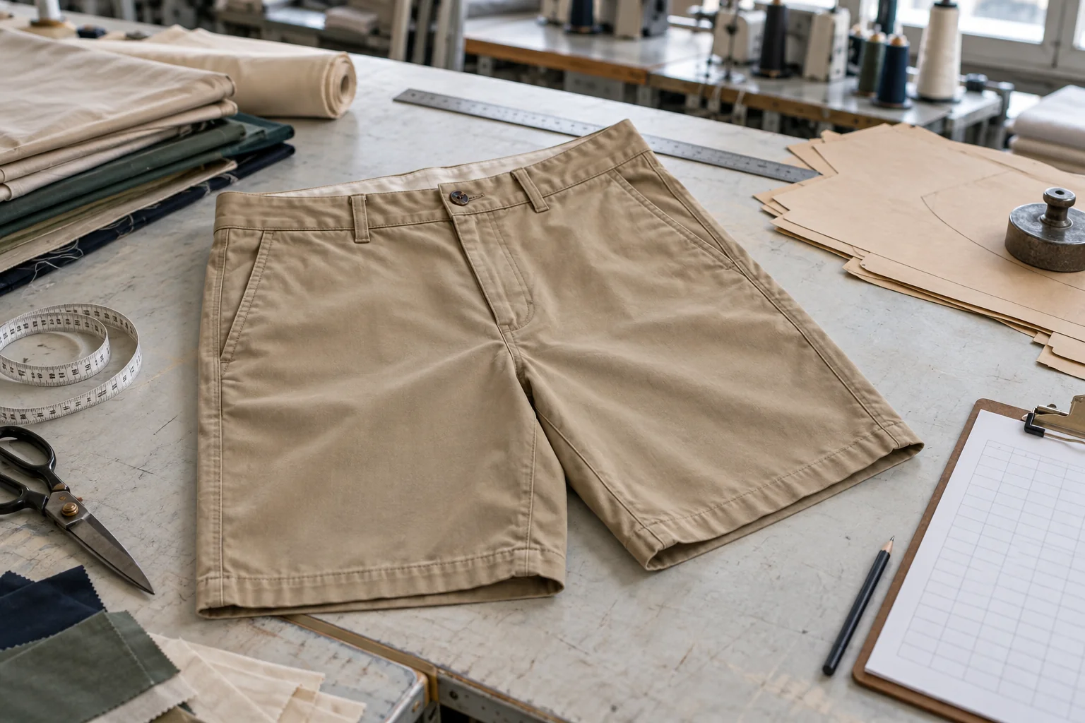 Connect the shorts brief to bulk approval: Define silhouette, fabric, and construction; Review actual-fabric fit and graded sizes; Approve references before bulk cutting