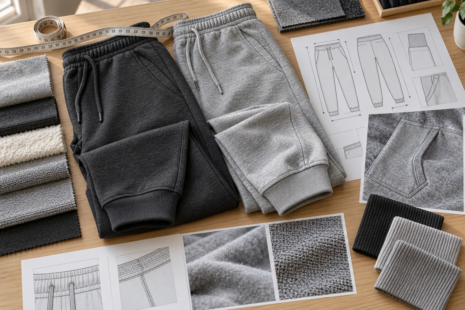 Connect the sweatpants brief to bulk release: Define fabric and silhouette; Verify fit and construction; Approve references and release bulk