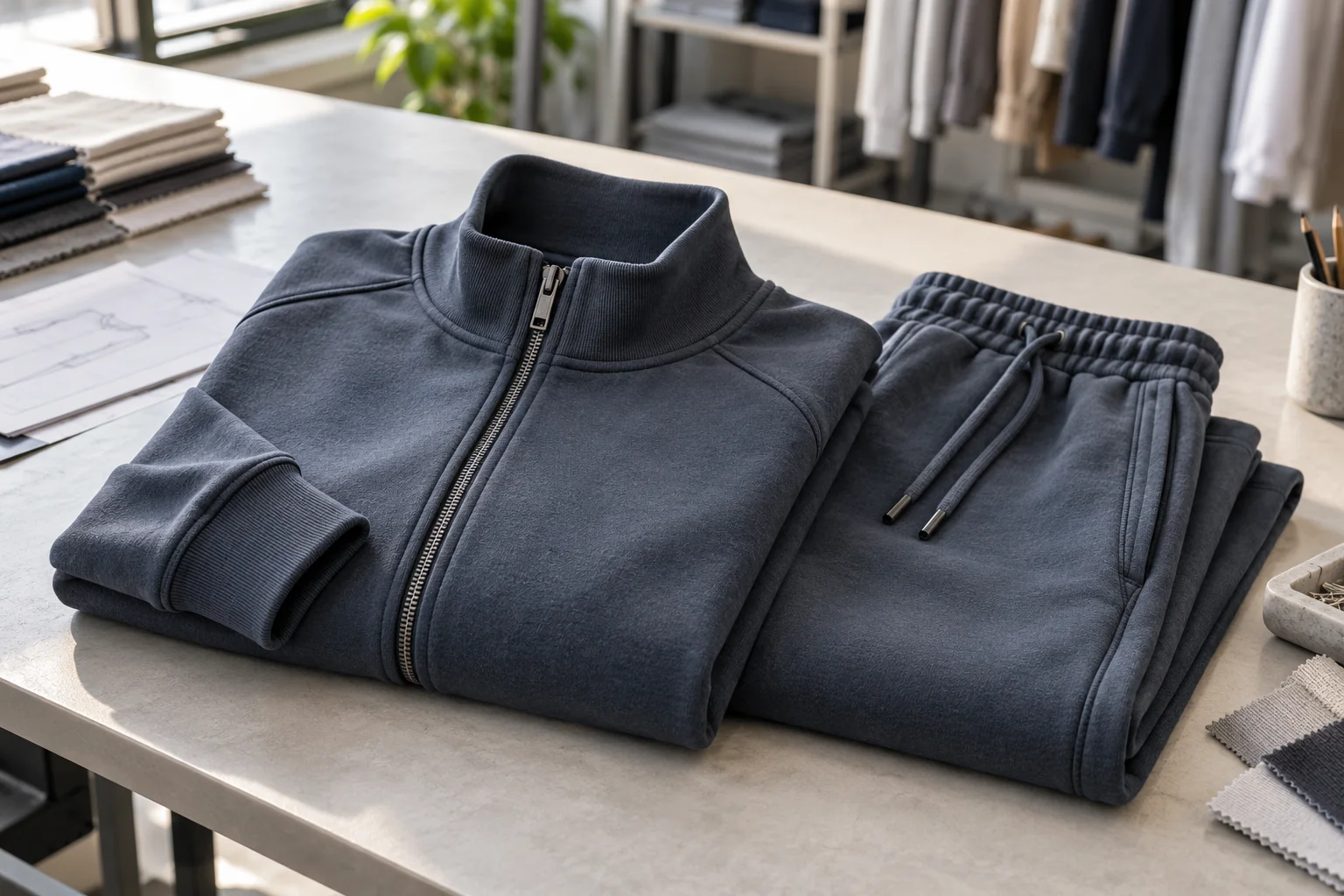 Connect the tracksuit brief to paired bulk delivery: Define garments, set units, and materials; Approve paired samples and color controls; Release bulk and verify set packing