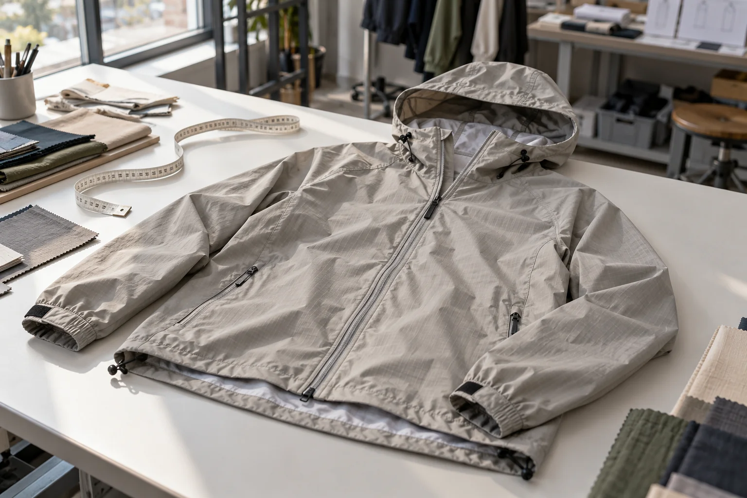 Connect the windbreaker brief to bulk release: Define shell and construction; Approve fit and decoration trials; Release documented bulk gates