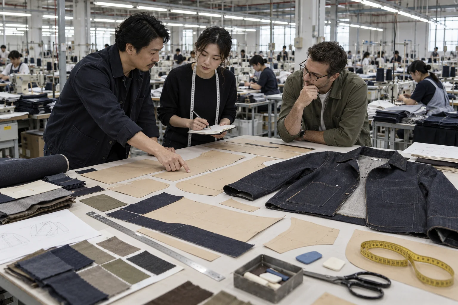 Brief the complete cut-and-sew route: Define pattern rights and controlled material inputs; Connect the tech pack to sampling and decoration handoffs; Approve the combined reference before bulk cutting