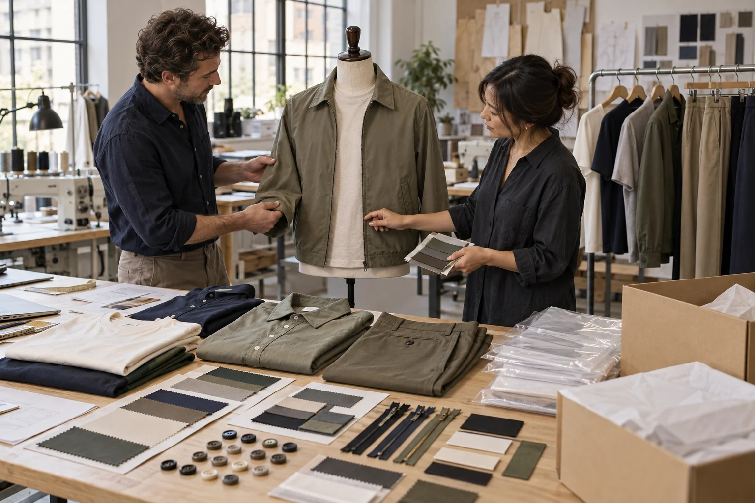 Plan a Private Label Garment Brief: Present a coordinated menswear capsule; Arrange fabric, trim, and label options; Show fit and packing approval in progress