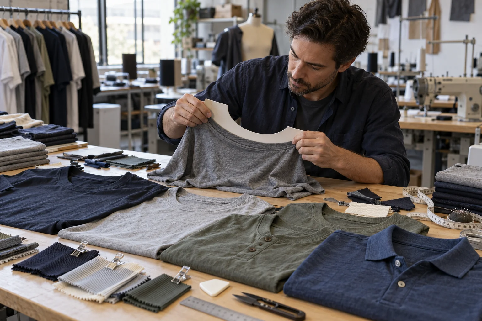 Plan a Menswear Neck Recovery Check: Compare washed and unworn necklines; Inspect rib, tape, and stitching; Check recovery against a plain template