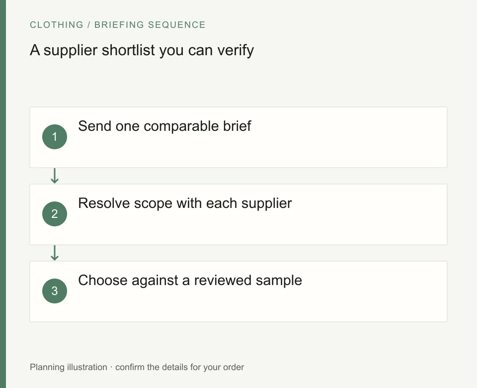 A supplier shortlist you can verify: Send one comparable brief; Resolve scope with each supplier; Choose against a reviewed sample
