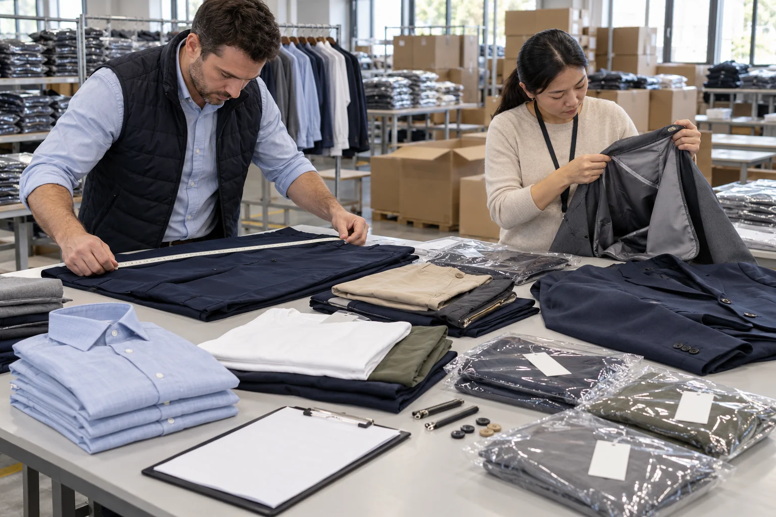 Plan a Menswear Pre-Shipment QC Review: Select shipment samples; Inspect measurements and sewing; Verify labels and cartons