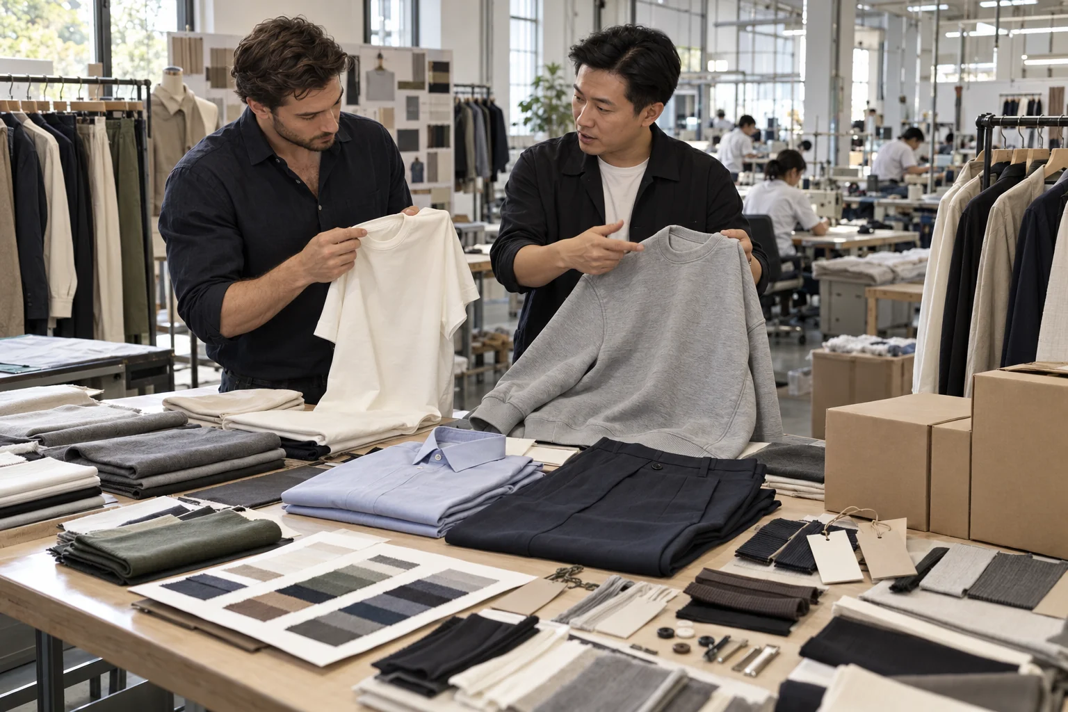 Compare Wholesale and Custom Options: Pair blanks with custom samples; Add labels, fabrics and cartons; Show buyer comparing construction