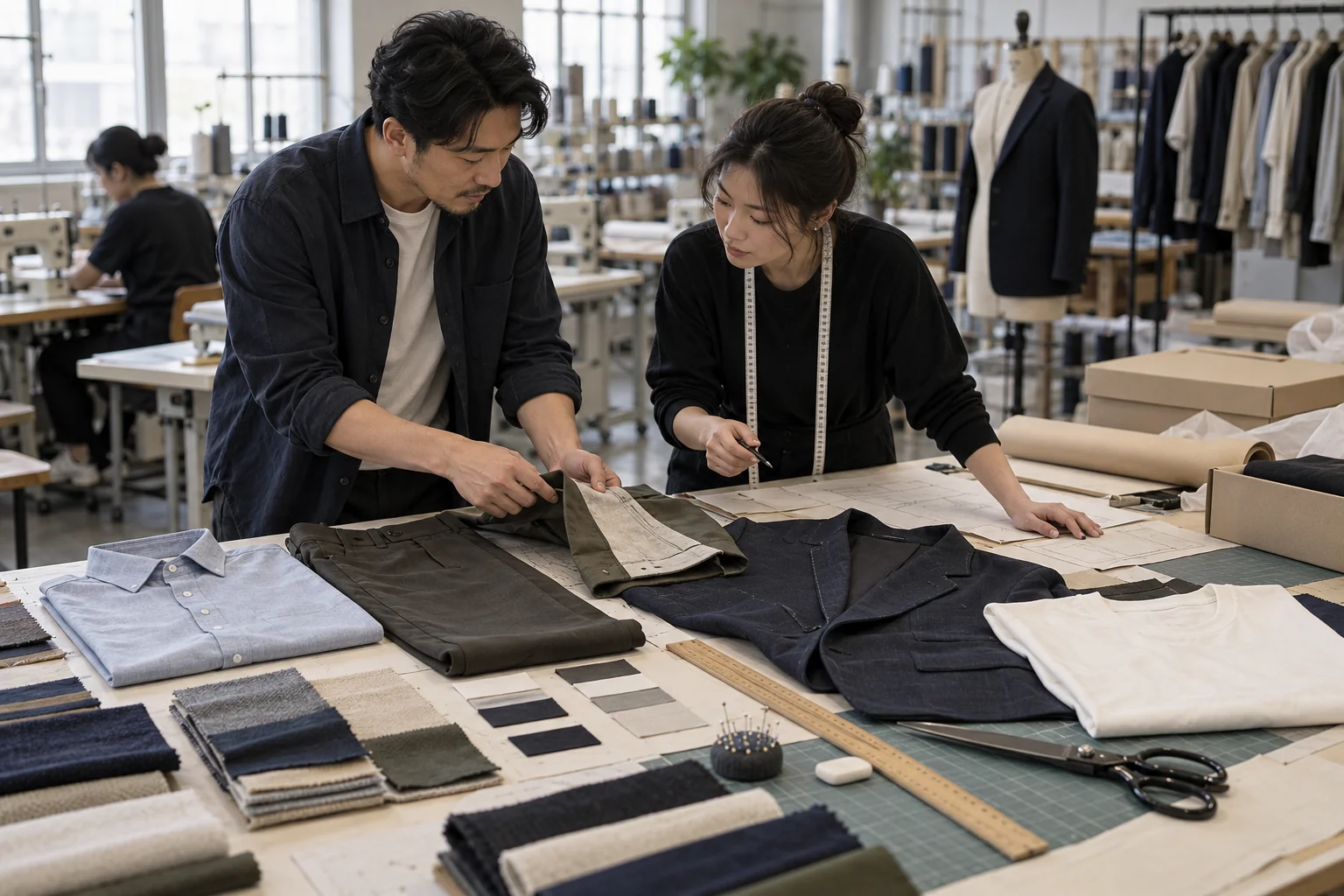 Plan a Private Label Sample Room Scene: Arrange four menswear prototypes; Add fabrics and blank label options; Show collaborative sample review