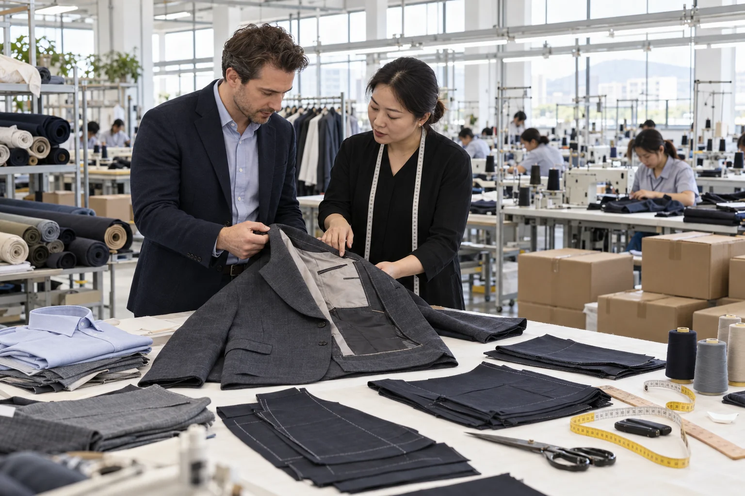 Stage a Buyer and Factory Review: Place buyer beside production lead; Show samples and cut components; Include sewing and packing context