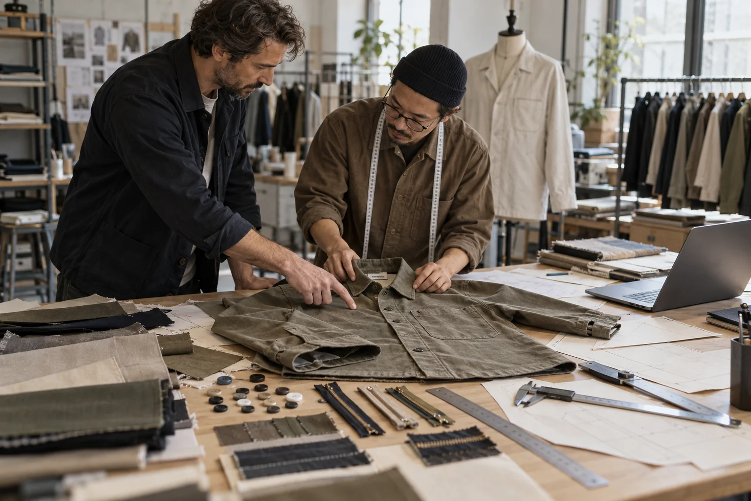 Build a Clear Menswear Tech Pack: Lay out garment and pattern pieces; Add fabric, trims and measuring tools; Keep documents visually unreadable