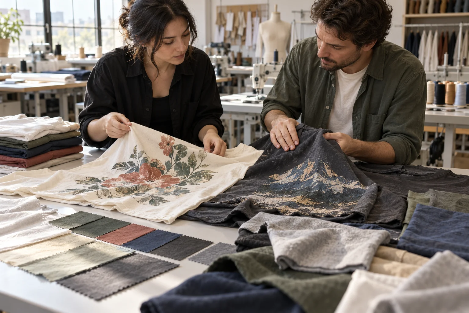 Plan a T-Shirt Print Sample Review: Compare prints on light and dark jersey; Assess surface feel and color penetration; Inspect washed tees beside fresh samples