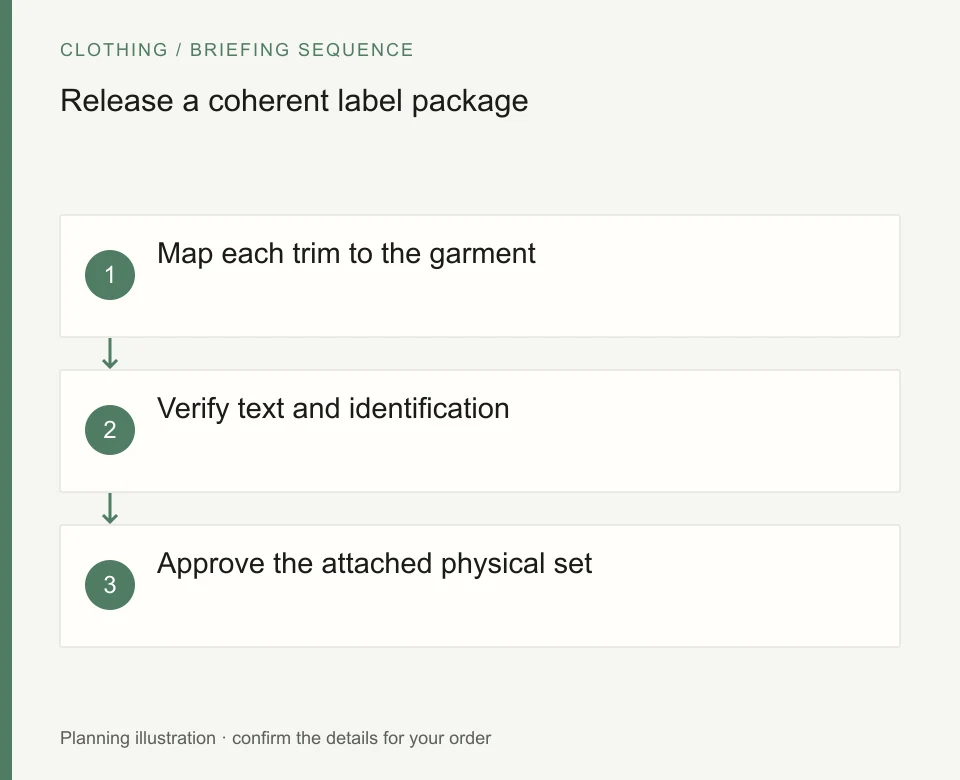 Release a coherent label package: Map each trim to the garment; Verify text and identification; Approve the attached physical set