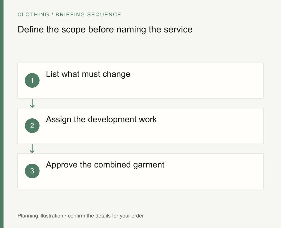 Define the scope before naming the service: List what must change; Assign the development work; Approve the combined garment