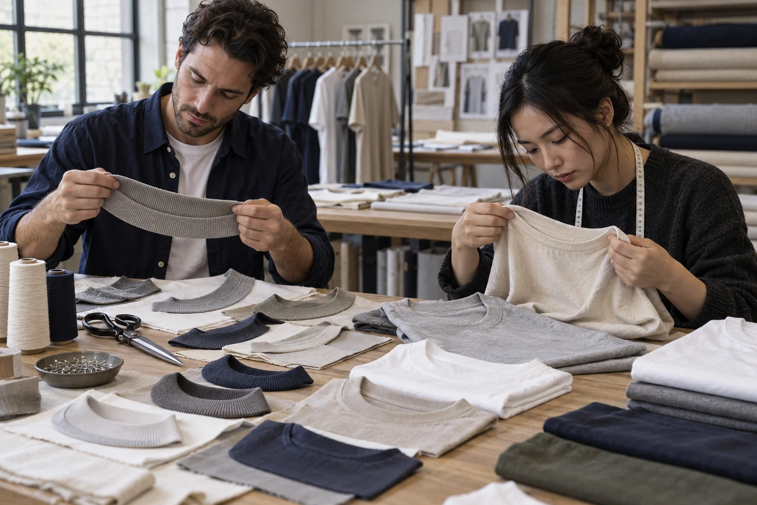 Plan a T-Shirt Collar Comparison: Lay out rib and self-fabric necklines; Compare recovery and shade matching; Inspect stitching and collar shape