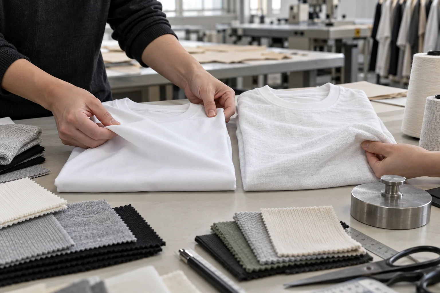 Plan a Ring-Spun and Open-End Tee Review: Fold both tee samples side by side; Show surface texture and drape; Add tools for fabric evaluation