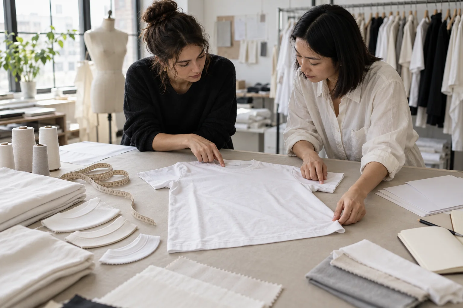 Plan a Simple T-Shirt Tech Pack Review: Lay out the base tee sample and fabric; Mark neckline, hem and stitch details; Confirm measurements before sampling