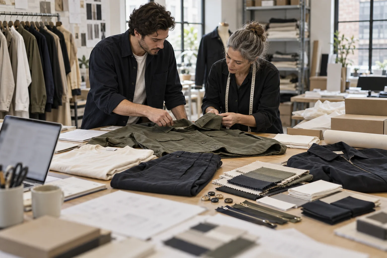 Plan a Startup Tech Pack Worktable: Arrange garments, fabrics, and trim options; Show measurement and seam verification; Keep all specification details illegible