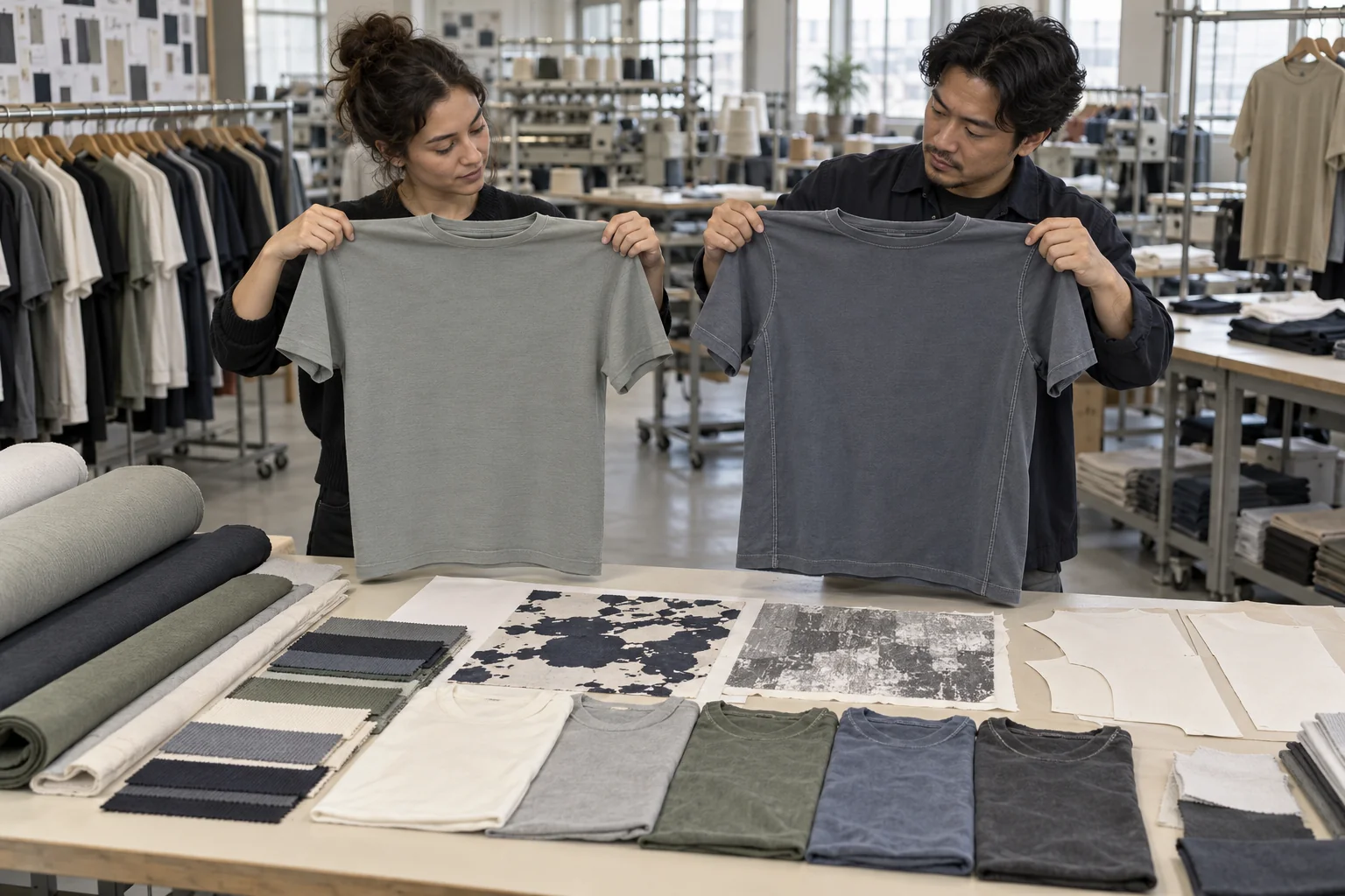 Plan a Knit Body Construction Comparison: Display both tee bodies side by side; Reveal seamless and side-seam details; Add washed and print test samples